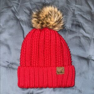 C.C Women’s Red Knit Beanie with Faux Fur Pom